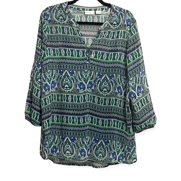 Liz Claiborne Blue Green Abstract Paisley Boho Tunic Blouse, 3/4 Sleeves, Large - Picture 1 of 7